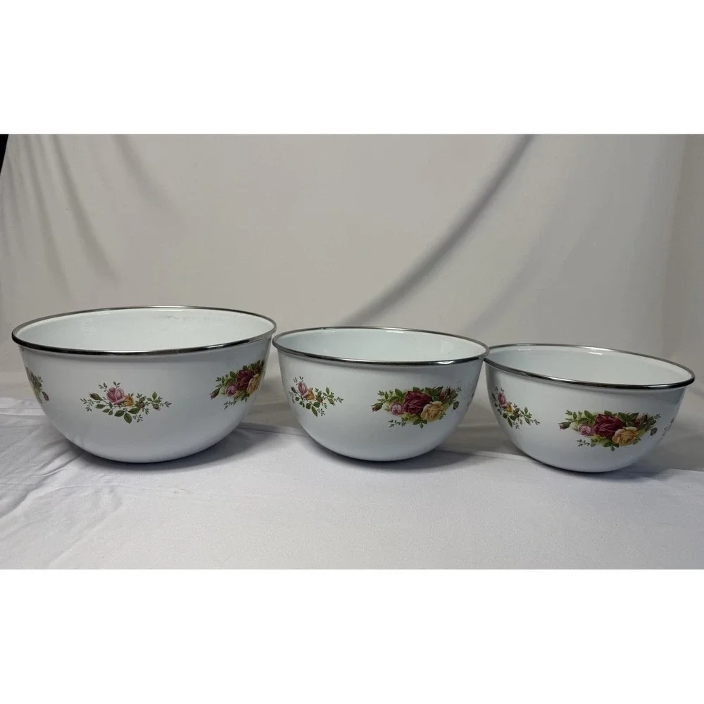 3 VTG Royal Albert Old Country Rose Enamelware Floral Pattern Metal Mixing Bowls